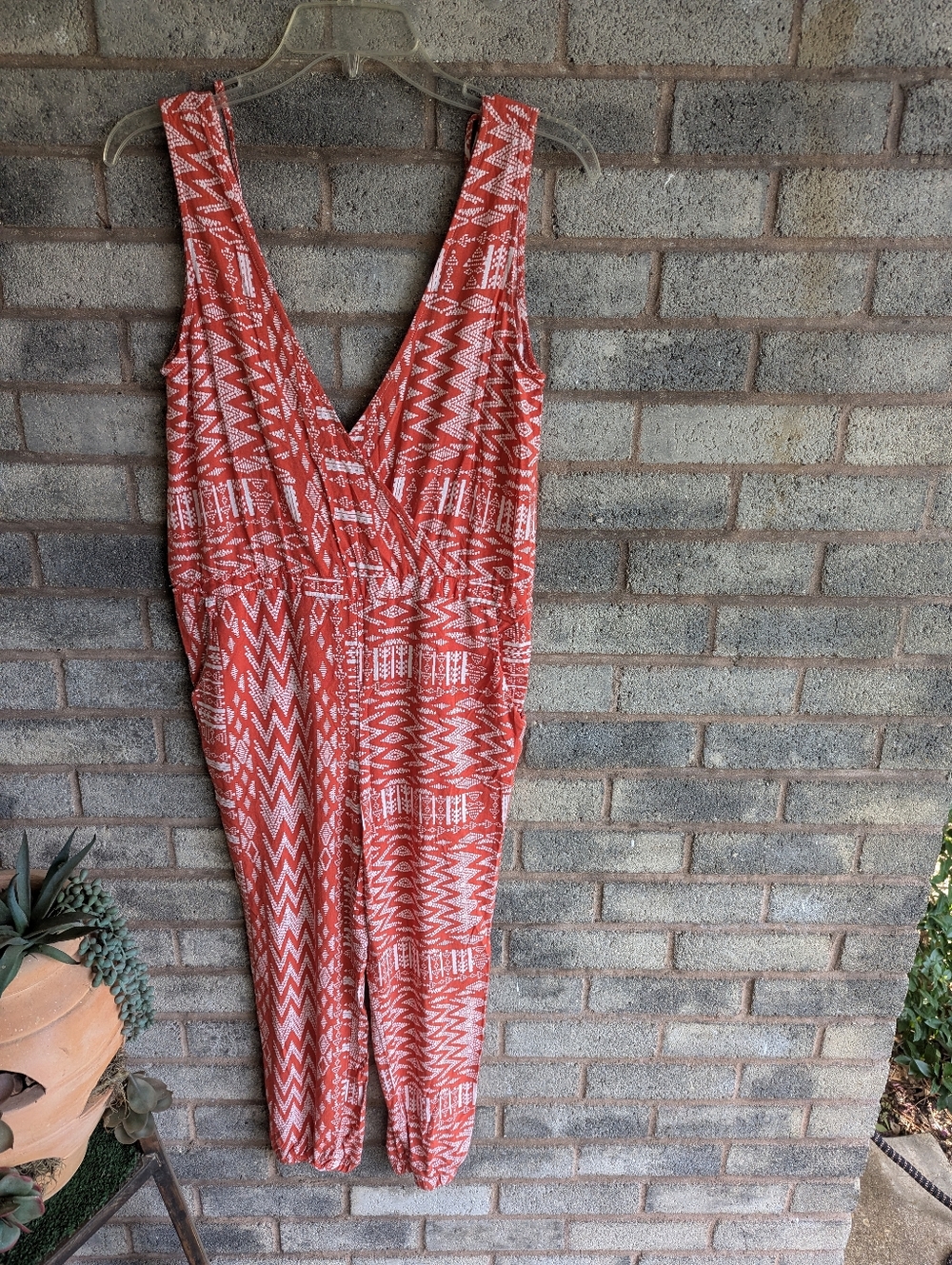 Salmon/ Orange Printed V-Neck Jumpsuit